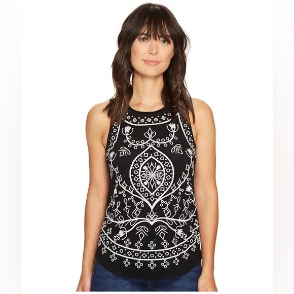 Lucky Brand Black Tank Top with White Embroidery - Picture 1 of 4